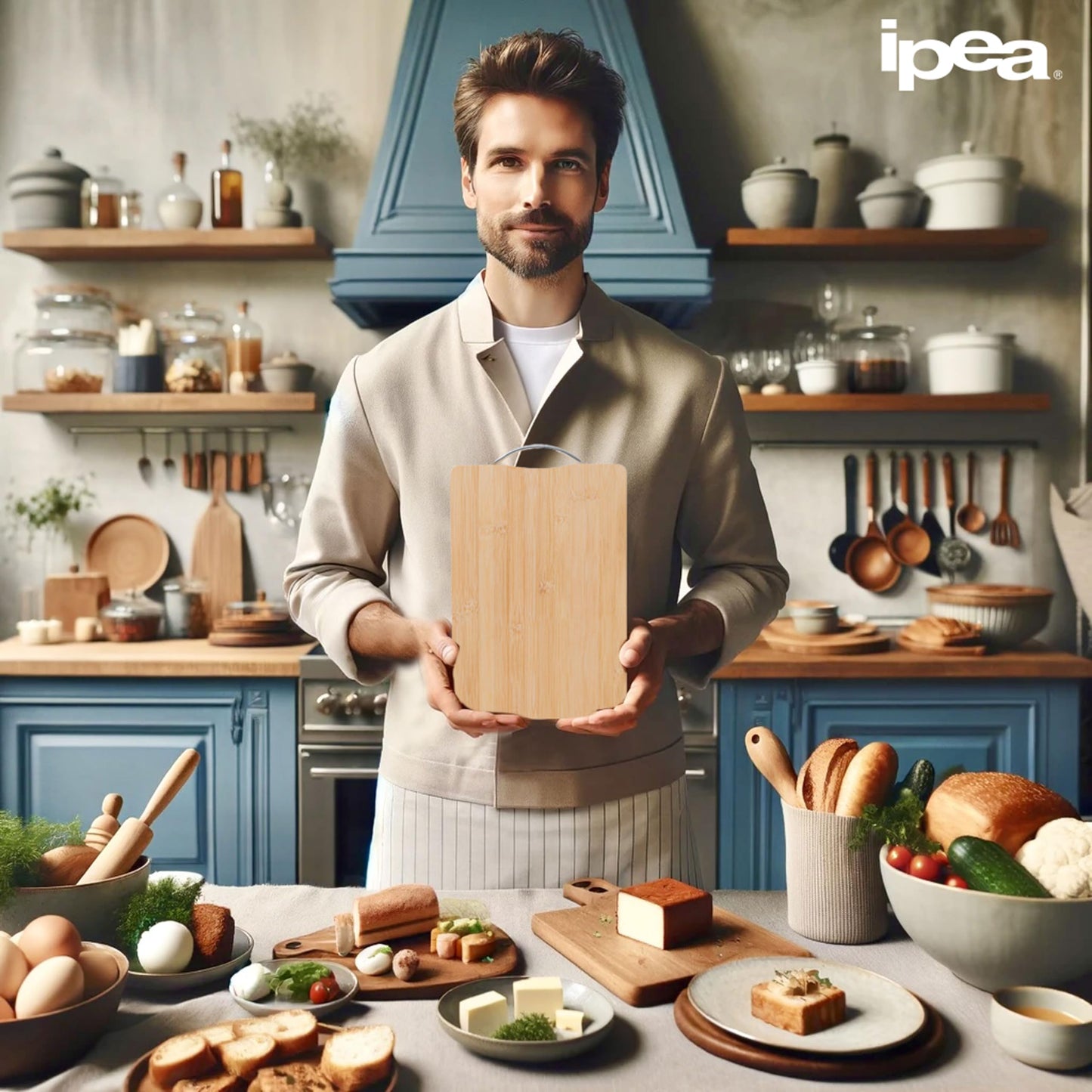 IPEA Rectangular Wooden Chopping Board with Metal Handle for Vegetables, Fruits, Salami - 32 x 22 cm - Multipurpose Kitchen Chopping Board for Cutting and Serving Appetizers, Bread, Cheeses - Bamboo