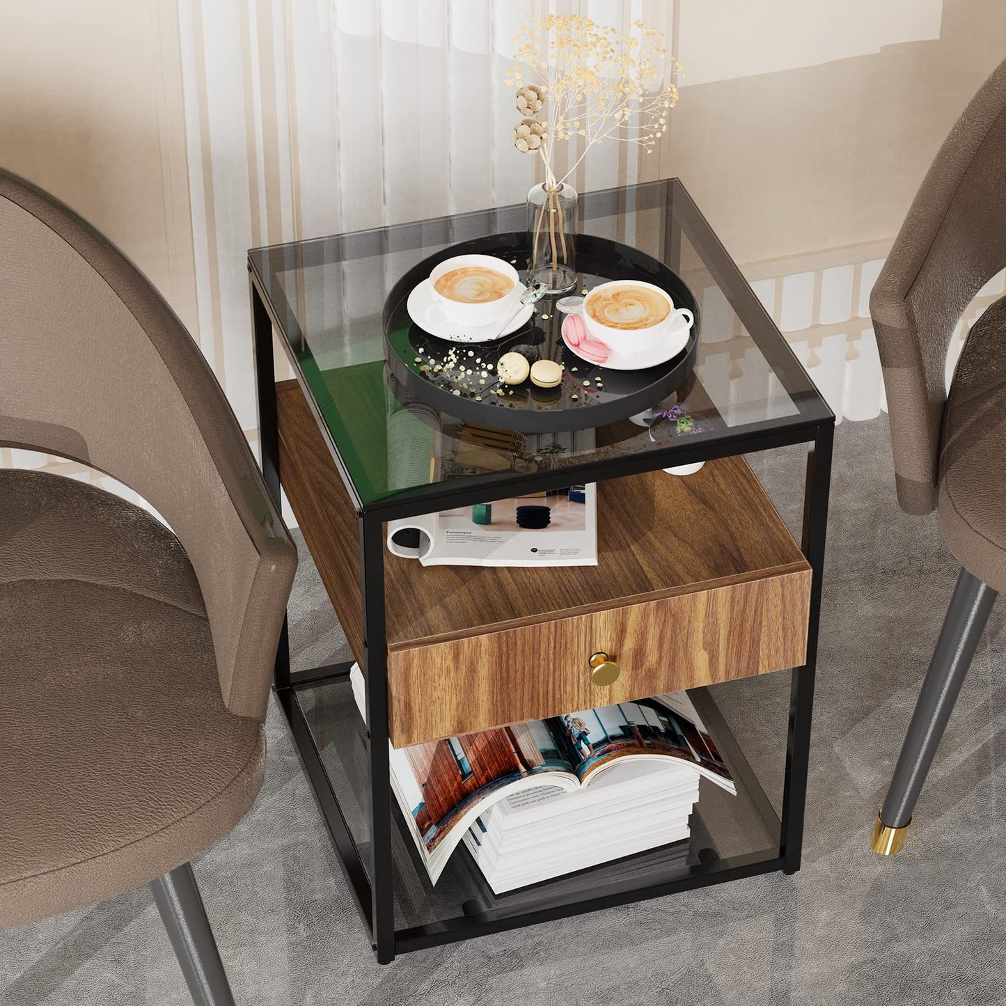 Bedside Table with Drawer: Tempered Glass Sofa Side Table Modern Nightstand with Wood Storage Shelf and Metal Black Frame Small Coffee Table for Living Room Bedroom
