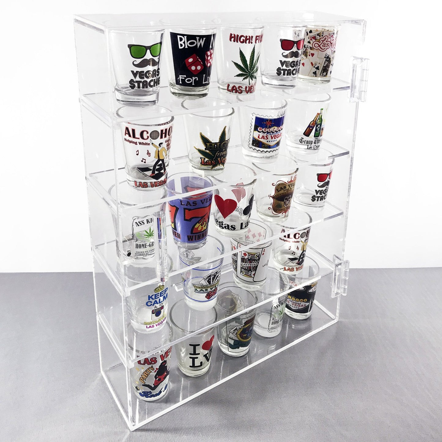 5 Tier Acrylic Display Case with Door – 27.4 x 35.6 cm Wall Mount or Countertop Cabinet, Removable Shelves for Shot Glasses, Minifigures, and Collectibles, Mirrored Back
