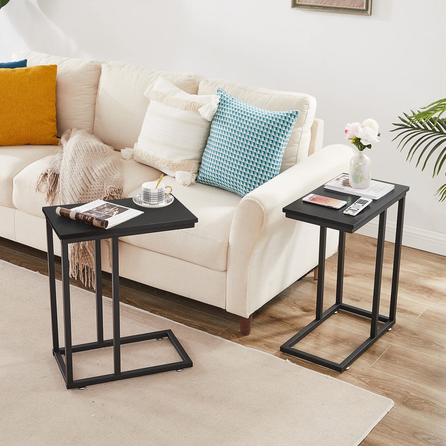 C Shaped End Side Tables for Living Room Set of 2, Black