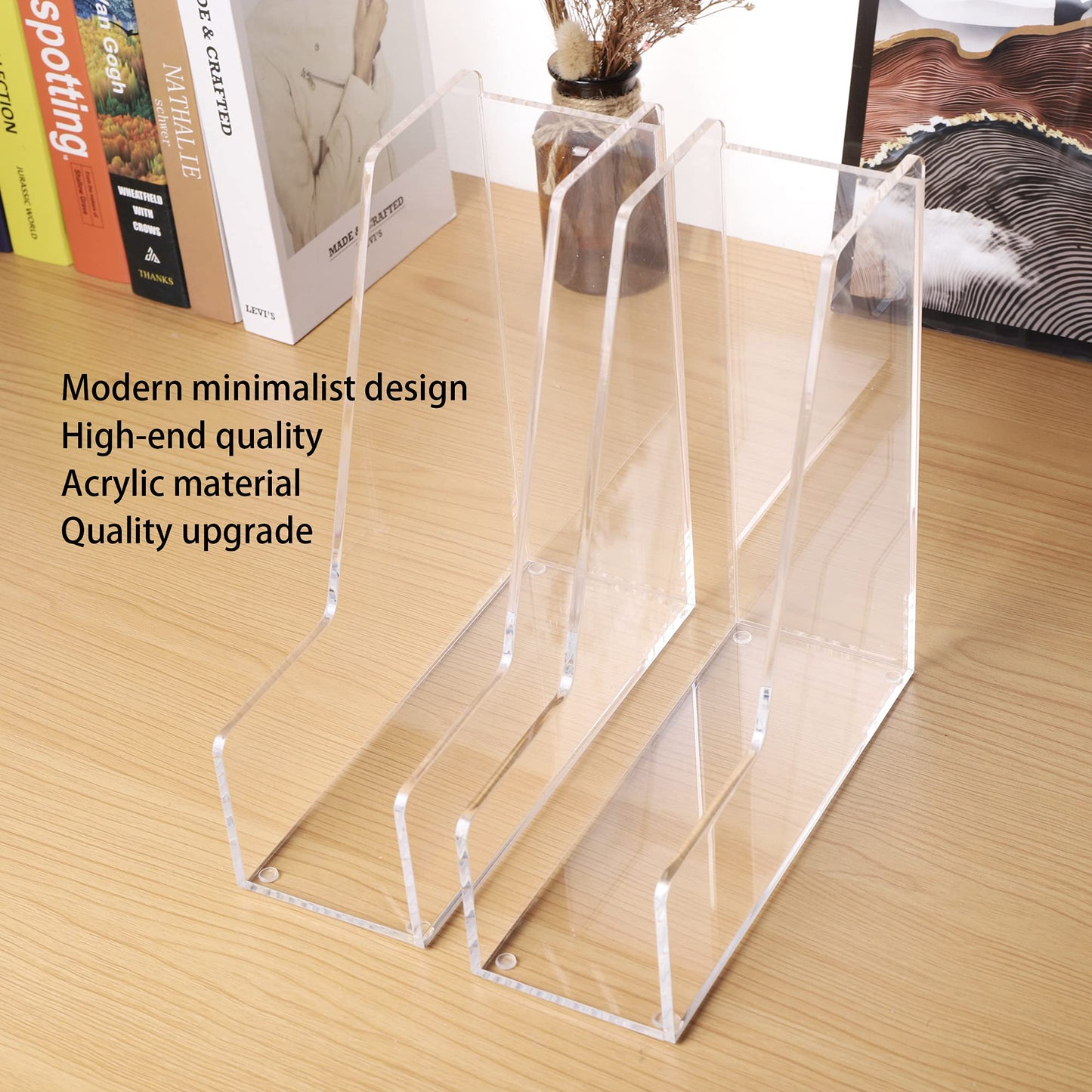 Clear Acrylic Single-Slot File and Magazine Holder, Set of 2, Independent Vertical Desk Organizers for Letter-Size Papers, Modern and Sturdy Solution for Home and Office