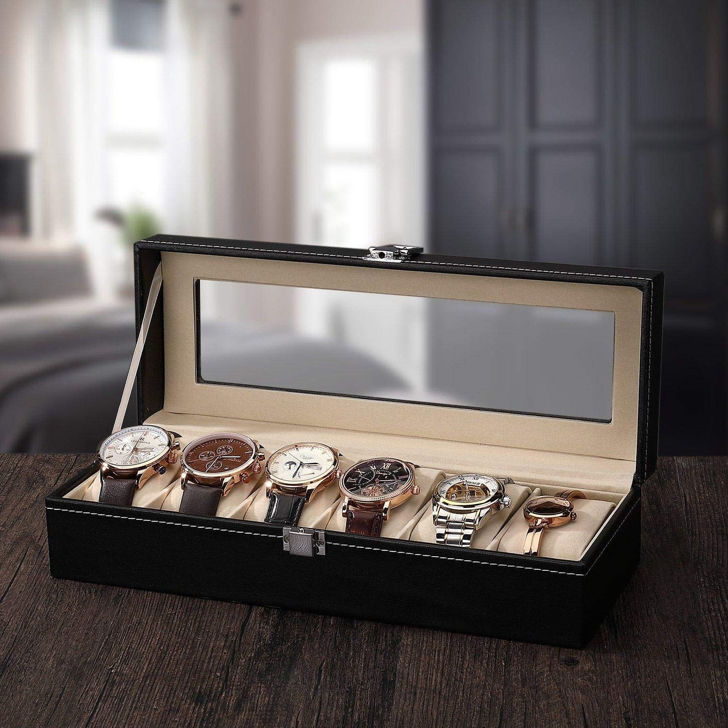 Watch Organizer, 6 Slot PU Leather Watch Storage Case with Lock and Key, Elegant Jewelry Display Box, Perfect for Men's and Women's Watches