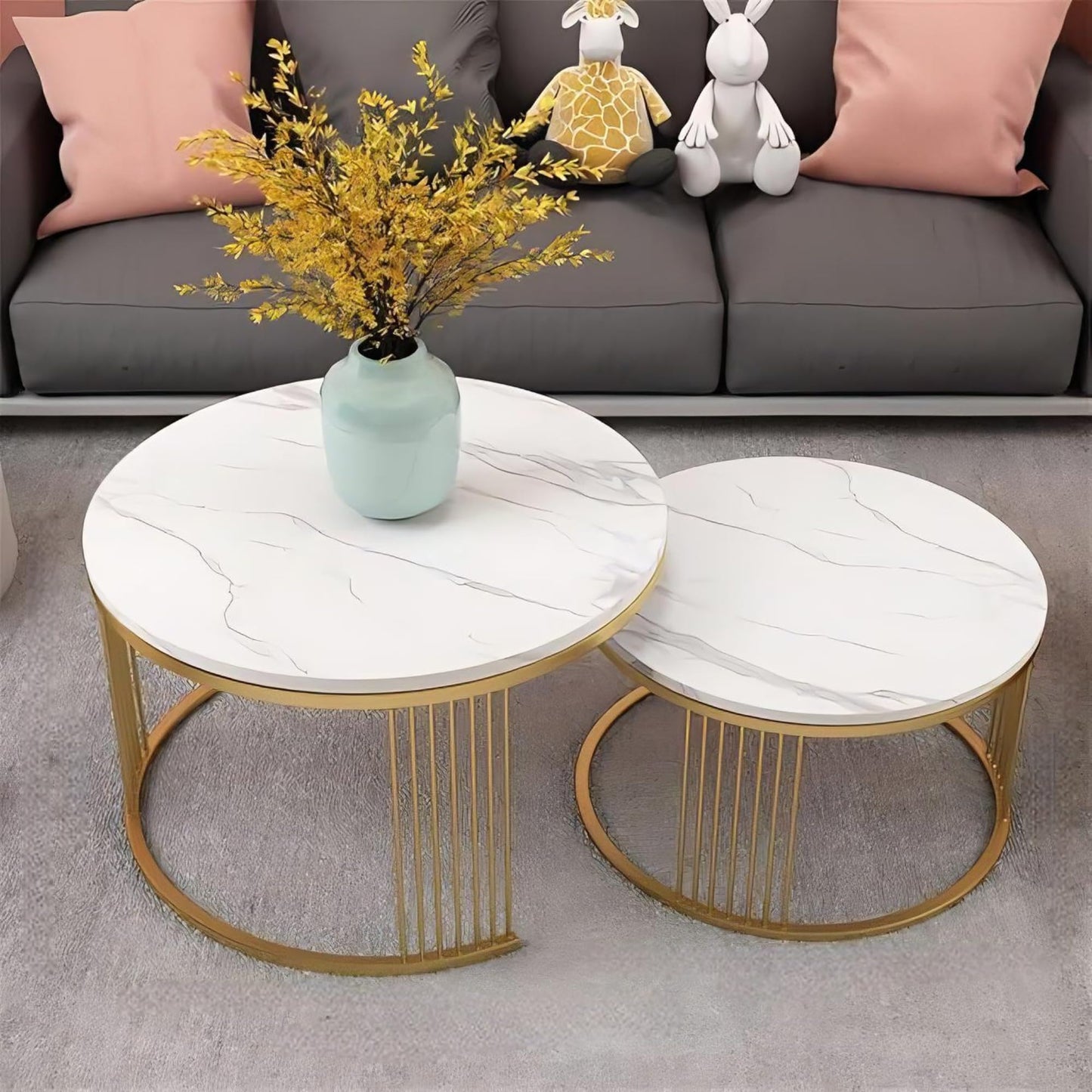 Nesting Coffee Tables, Faux Marble and Gold Elegance, Set of 2 Round Tables with Metal Base, 65x65x45 cm, Space-Saving Design for Living Room, Side Tables for Home
