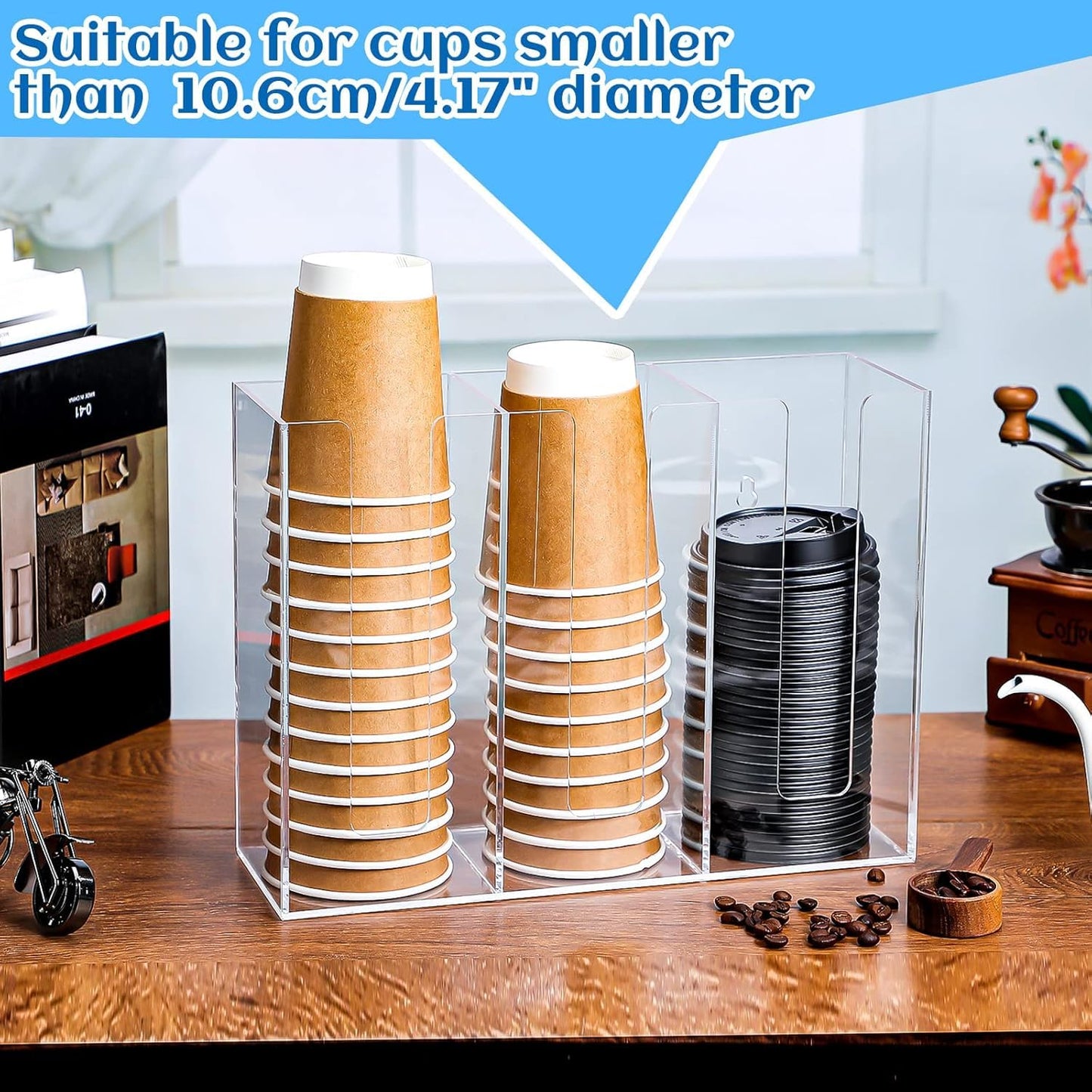 3-Compartment Acrylic Coffee Cup Dispenser Organizer, 24 x 32 x 10.5 cm, Cup and Lid Holder for Disposable Cups, Coffee Shop and Office Supplies, Wall Mountable or Countertop Storage