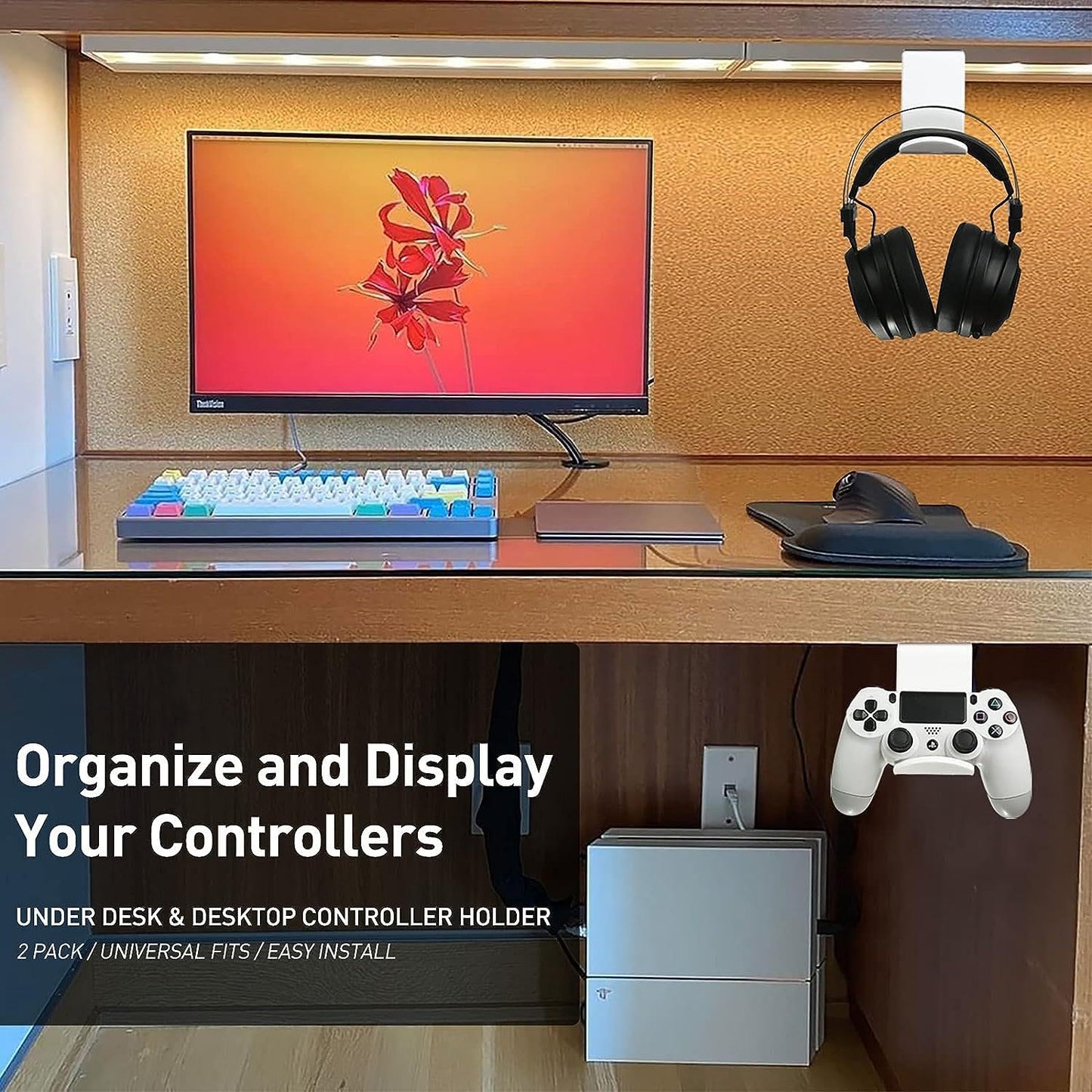 Universal Gamepad Controller Stand for Desk, Tabletop Gaming Accessories Holder for XBOX, PS5, PS4, and PC Controllers with Cable Clips, Under-Desk Mount Option (White)