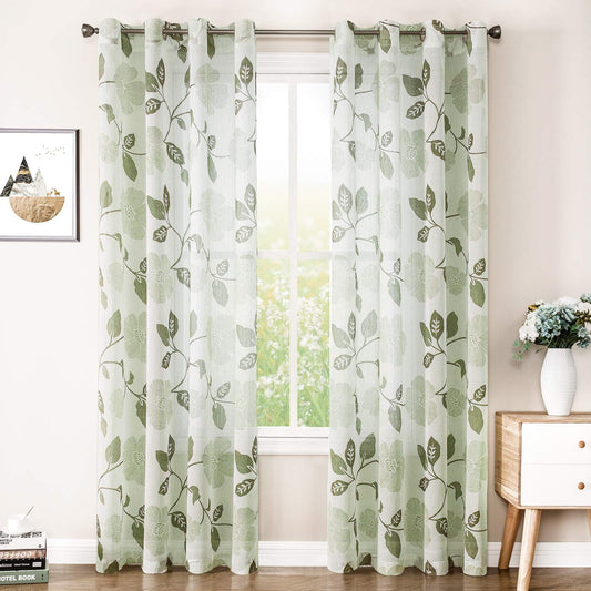 Rich Natural Linen curtains - Printed floral curtains- Semi-transparent - sliver steel grommets for living room, bedroom, kitchens - 1 Piece