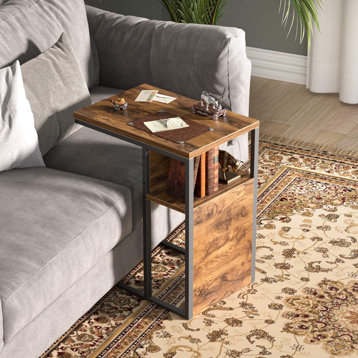 Sofa Side End Table, C Shaped Reversible Table with Wooden Shelf, Side Table for Living Room, Bedroom, Metal Frame Nightstand