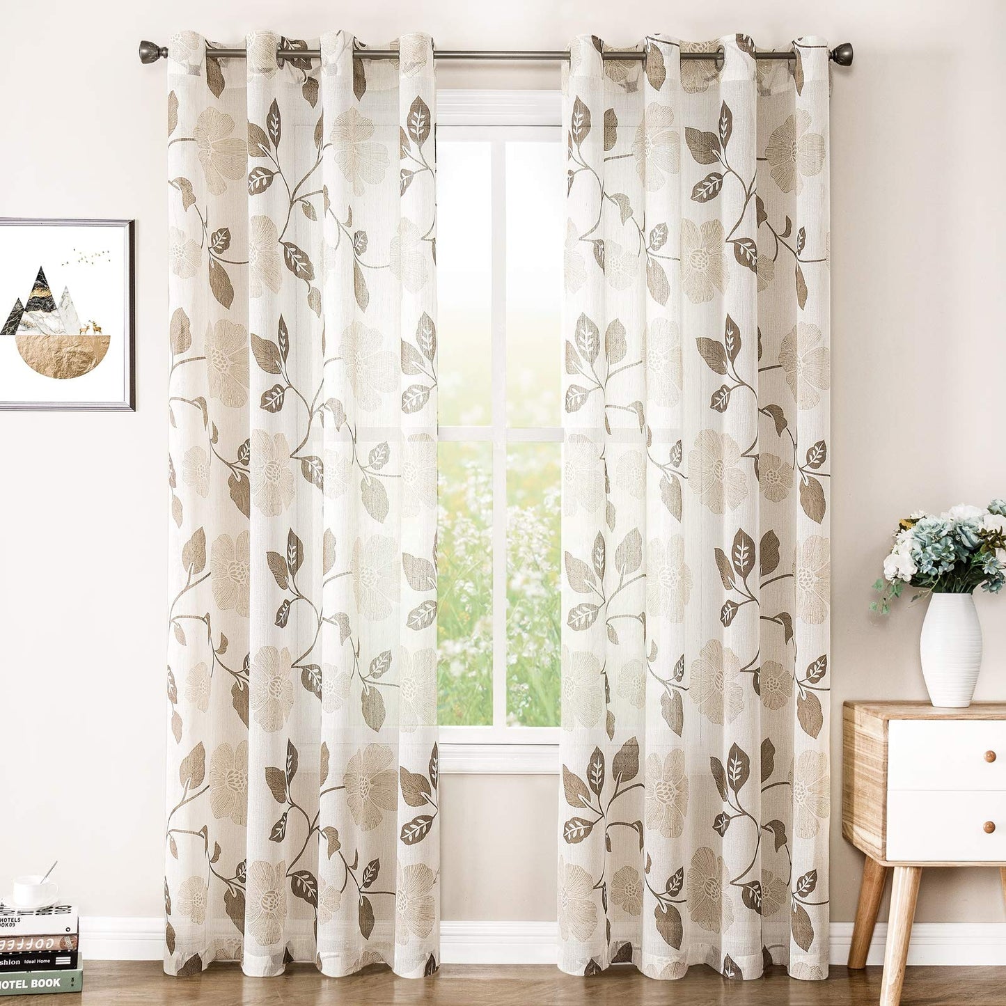 Rich Natural Linen curtains - Printed floral curtains- Semi-transparent - sliver steel grommets for living room, bedroom, kitchens - 1 Piece