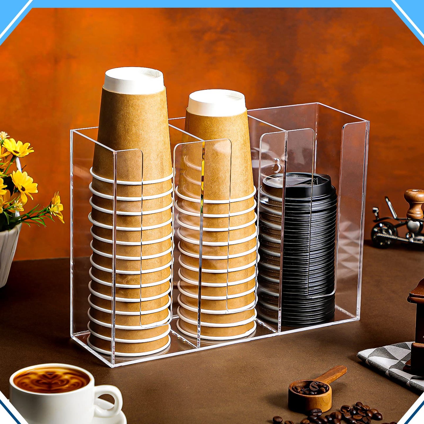 3-Compartment Acrylic Coffee Cup Dispenser Organizer, 24 x 32 x 10.5 cm, Cup and Lid Holder for Disposable Cups, Coffee Shop and Office Supplies, Wall Mountable or Countertop Storage