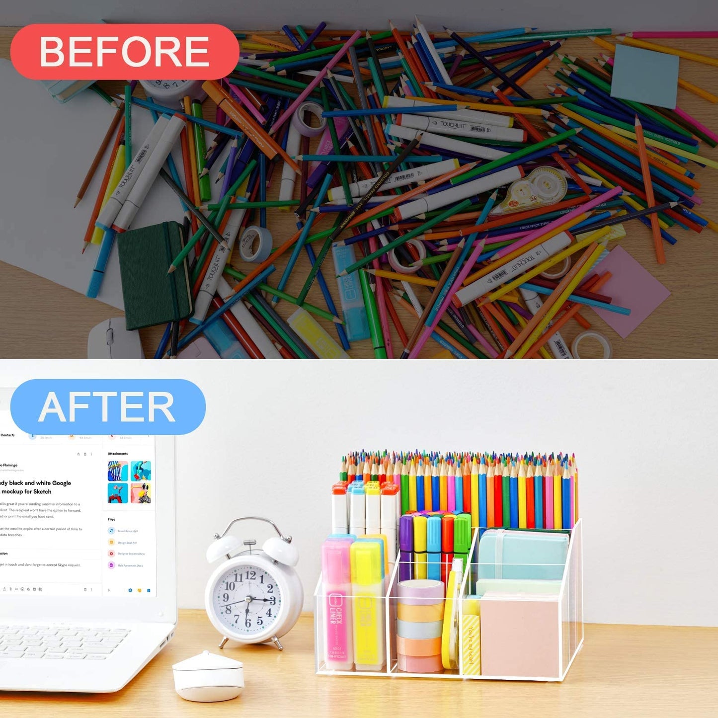 7-Compartment Clear Acrylic Pen Holder and Desk Organizer, Desktop Stationery Caddy for Pencils, Markers, and Scissors for Office, School, Home, and Art Supply Storage