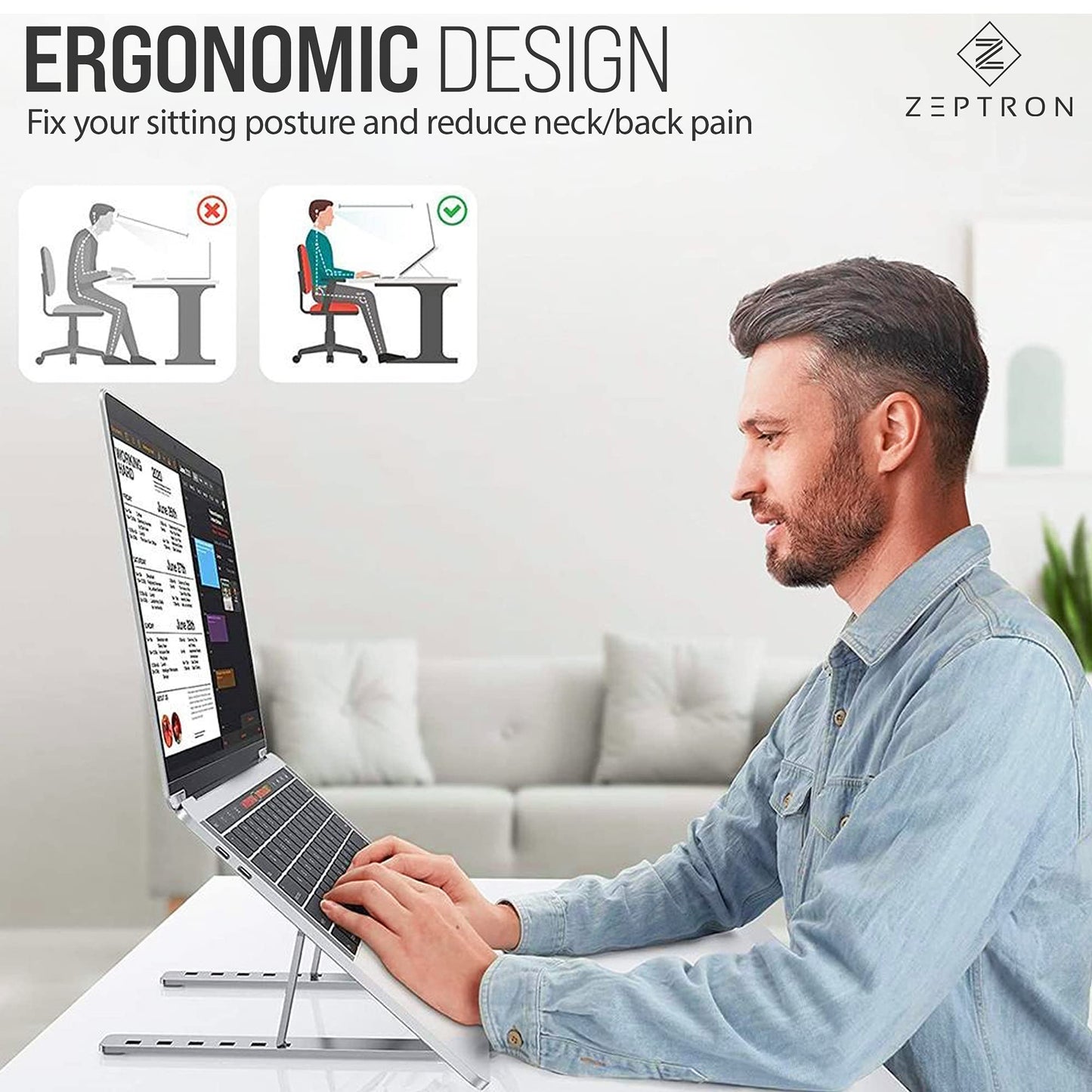 ZEPTRON Kotuday foldable portable aluminium laptop stand | desk stand with 6 level height adjustment | compatible for 11 inch/11.6'' /13.3 inches/14 inch/15 inch/15.6'' laptops notebooks