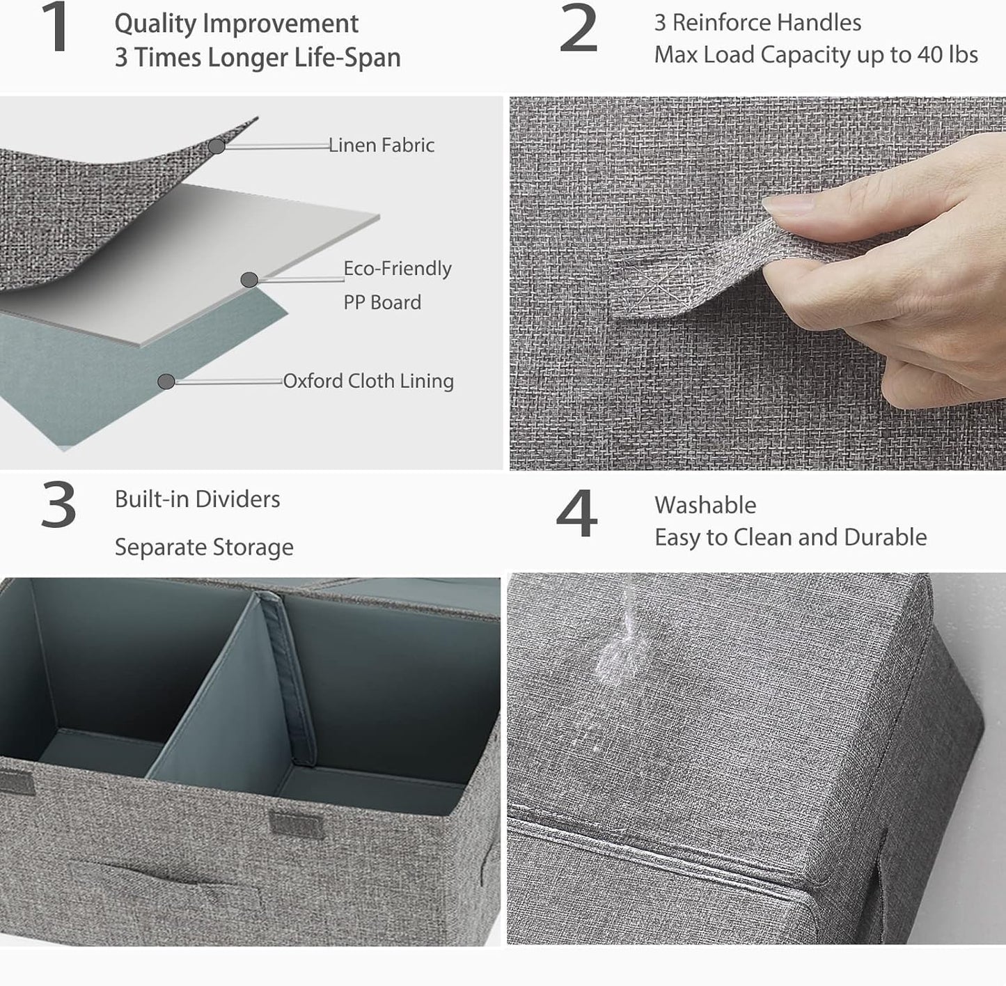 Foldable Divided Clothes Organizer Box with Two Spacious Slots and Lids, Large Capacity Storage Solution for Wardrobe Organization, Durable Fabric, 50 x 30 x 30 cm - Grey
