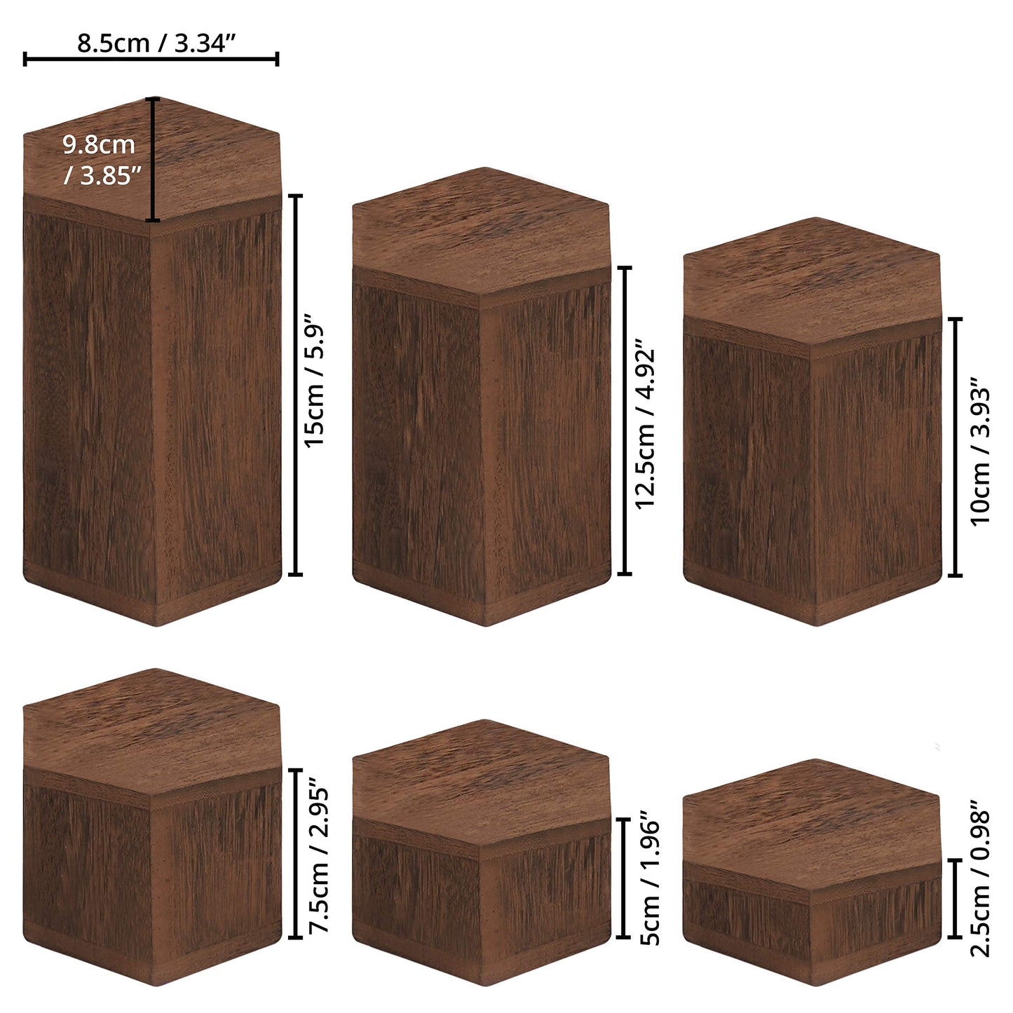 Set of 6 Hexagonal Wooden Display Risers, Geometric Showcase Stands for Jewelry, Figures, and Desserts, Multi-Level Hollow Plinths for Retail, Home, & Party Decor