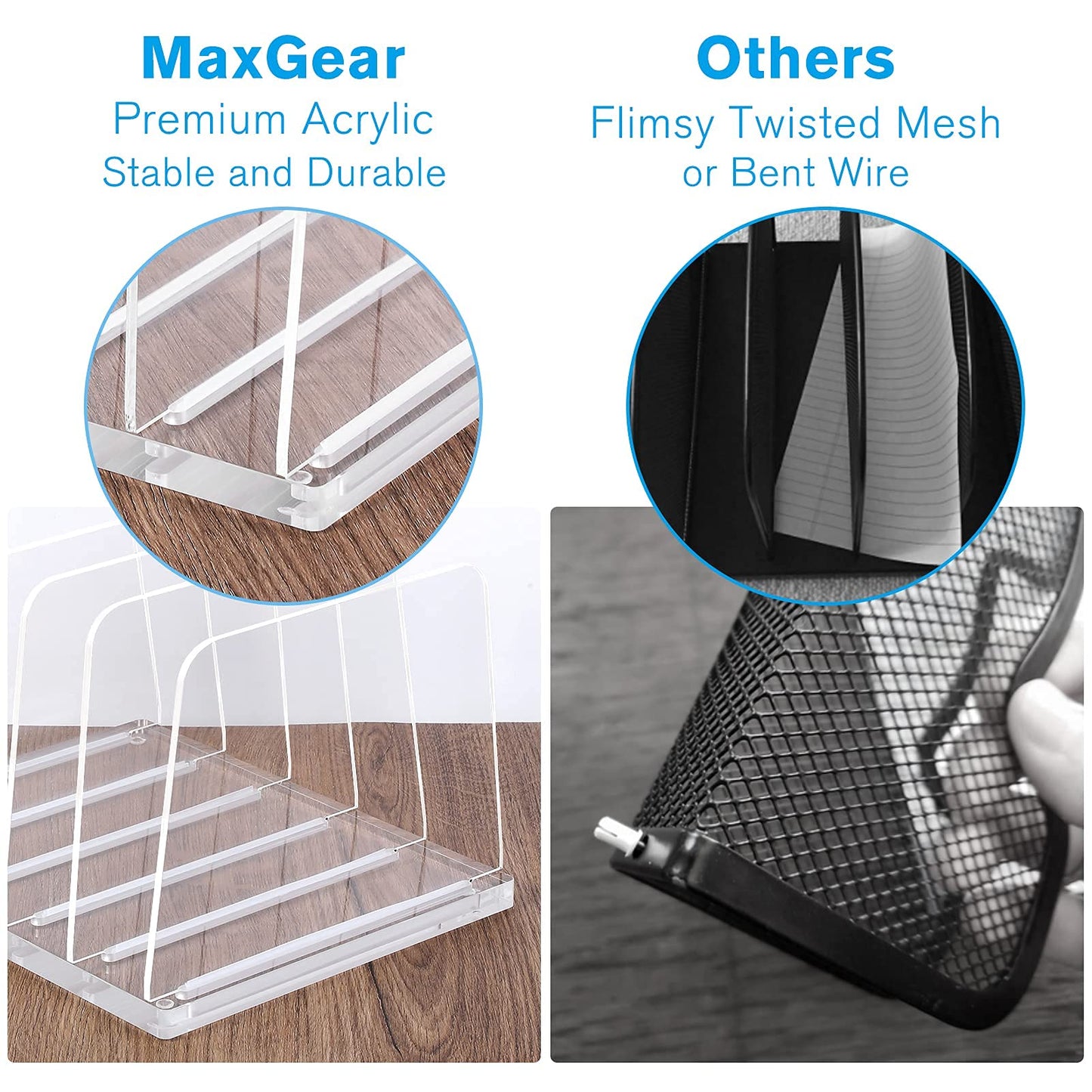 5-Section Vertical Acrylic File Organizer, Clear Desktop File Folder Holder and Sorter Rack, Durable Document Stand for Office, School, and Home Use, Modern and Sleek Workspace Accessory