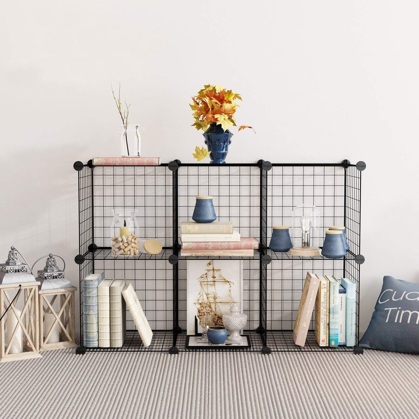 6-Cube DIY Wire Grid Bookcase, Multi Use Modular Storage Shelving Rack, Open Organizer Cabinet for Books, Toys, Clothes, Tools