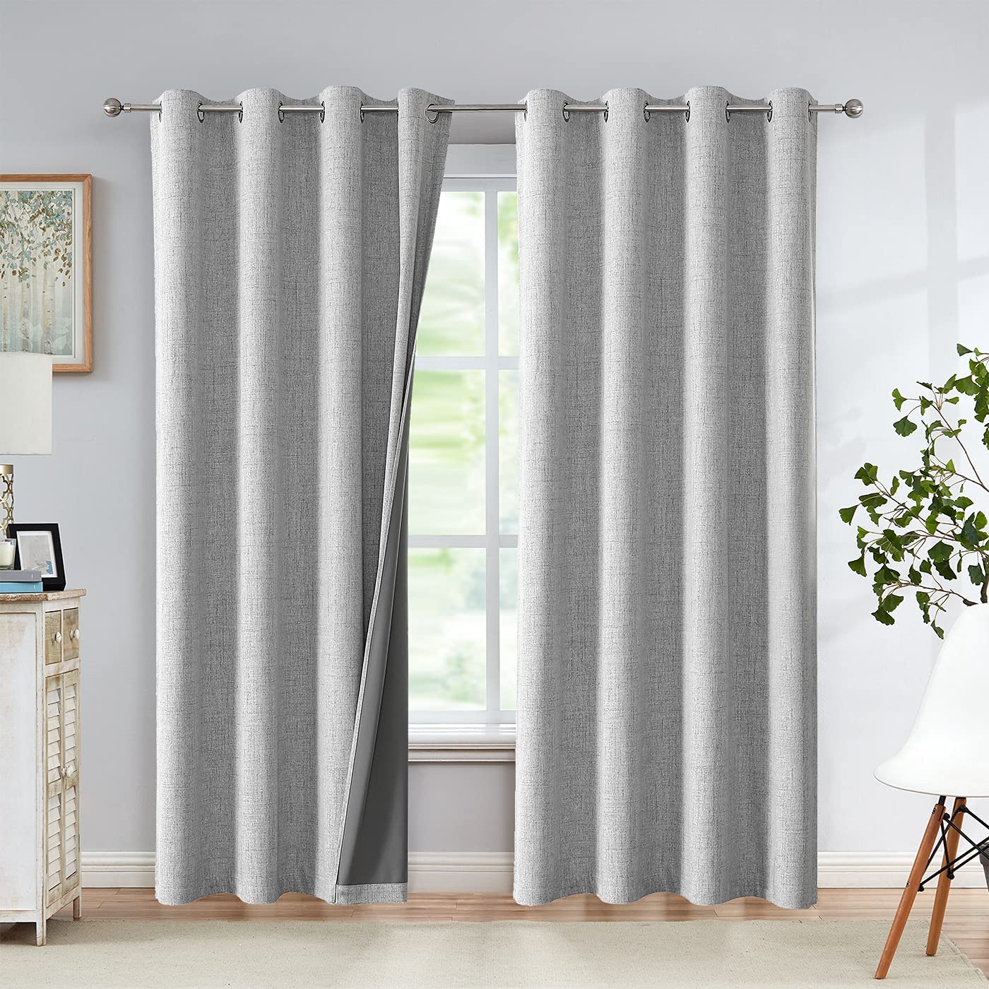 Linen Blackout curtains - 100% Blackout - sun zero - Fully Darkness for Room - thermal insulated fabric - silver steel Grommets - 1 Piece