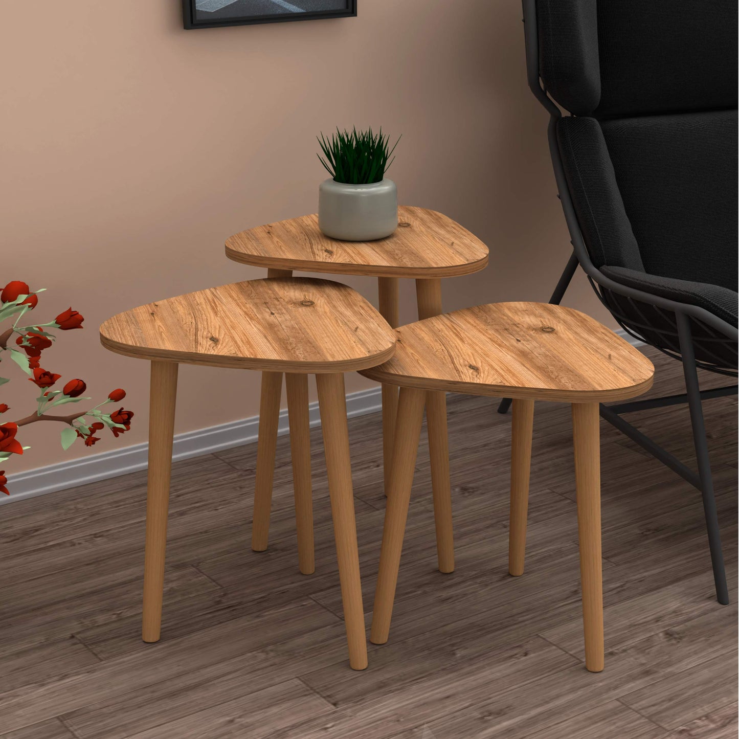 Set of 3 Pine Wood Triangle Nesting End Tables Round Wood Stacking Coffee Side Accent Table with Metal Legs for Living Room, Home Office, Nightstands for Bedroom