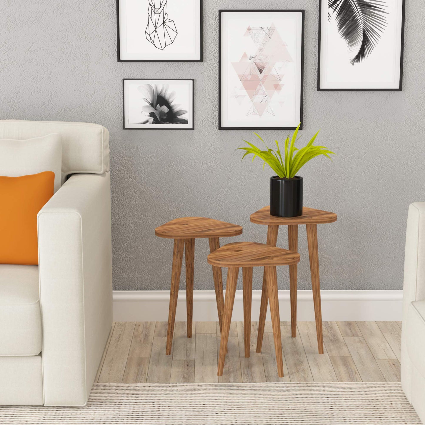 Set of 3 Pine Wood Triangle Nesting End Tables Round Wood Stacking Coffee Side Accent Table with Metal Legs for Living Room, Home Office, Nightstands for Bedroom