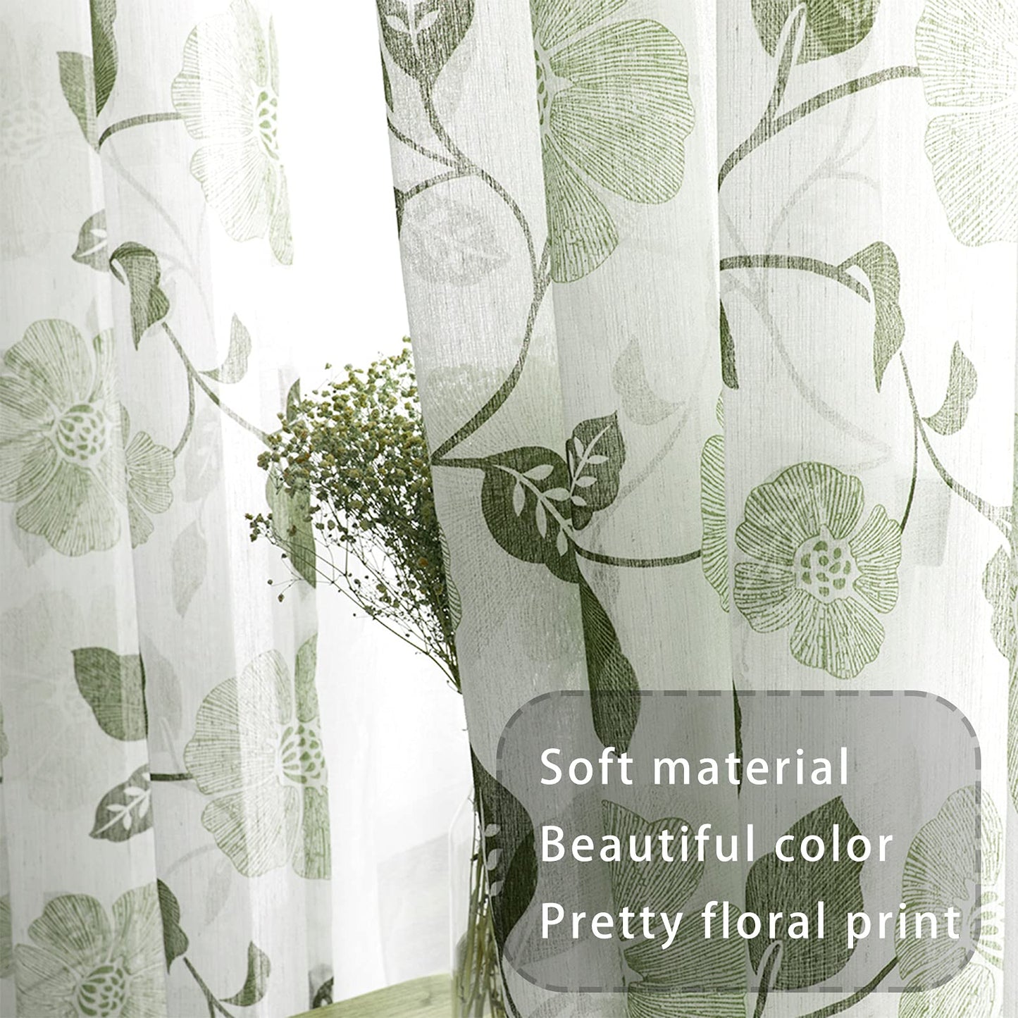 Rich Natural Linen curtains - Printed floral curtains- Semi-transparent - sliver steel grommets for living room, bedroom, kitchens - 1 Piece