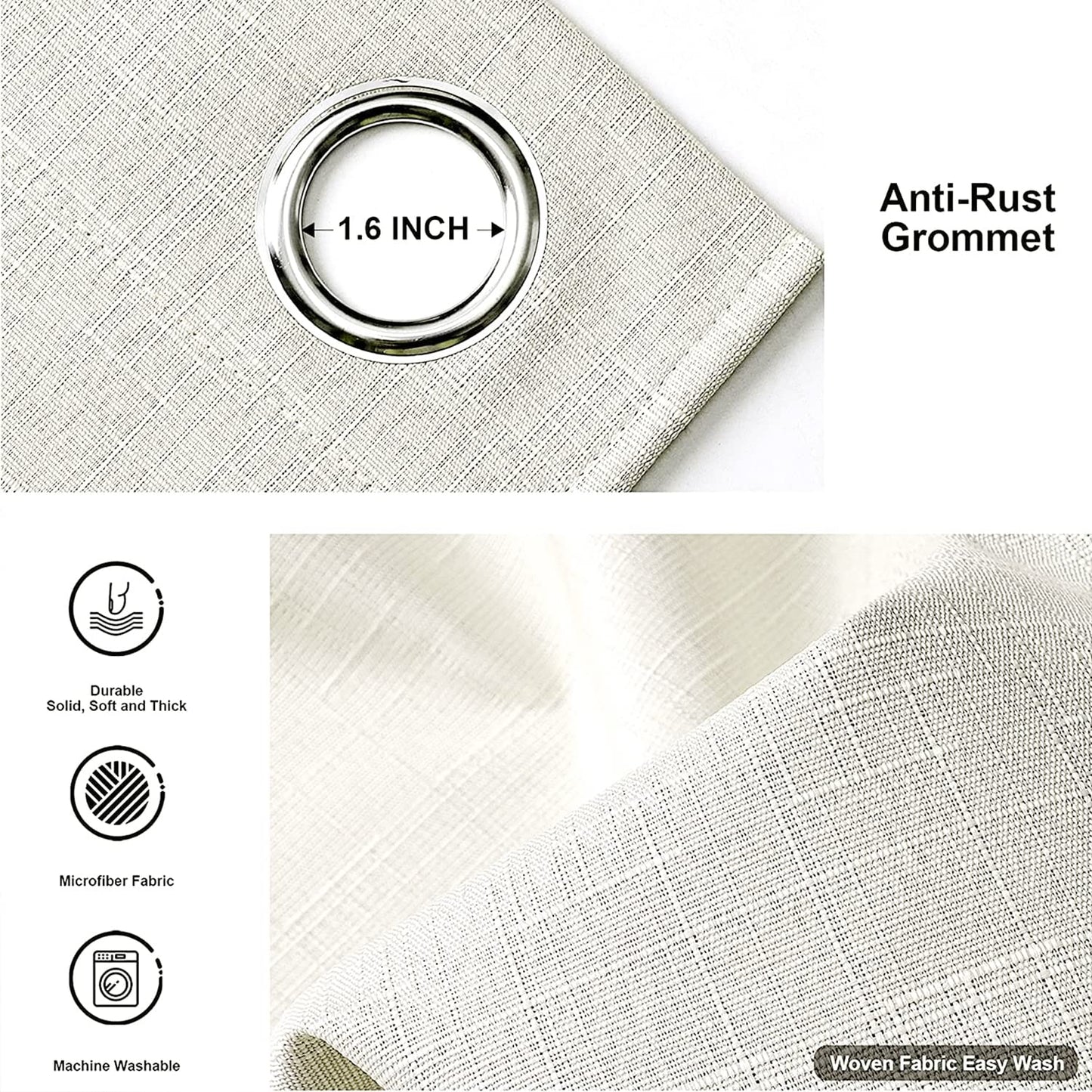 Linen 100% Blackout Curtains for Bedroom Living Room Thermal Insulated Fabric -Room Darkening -Steel Grommet Window Curtains -1 Piece