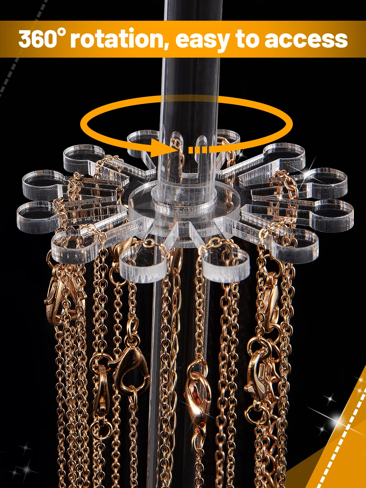 Rotating Acrylic Necklace Holder, Lengthened Clear Jewelry Display Stand with 24 Hooks, Dustproof Organizer for Necklaces and Pendants, Perfect for Dresser, Bathroom, Retail Display, Clear