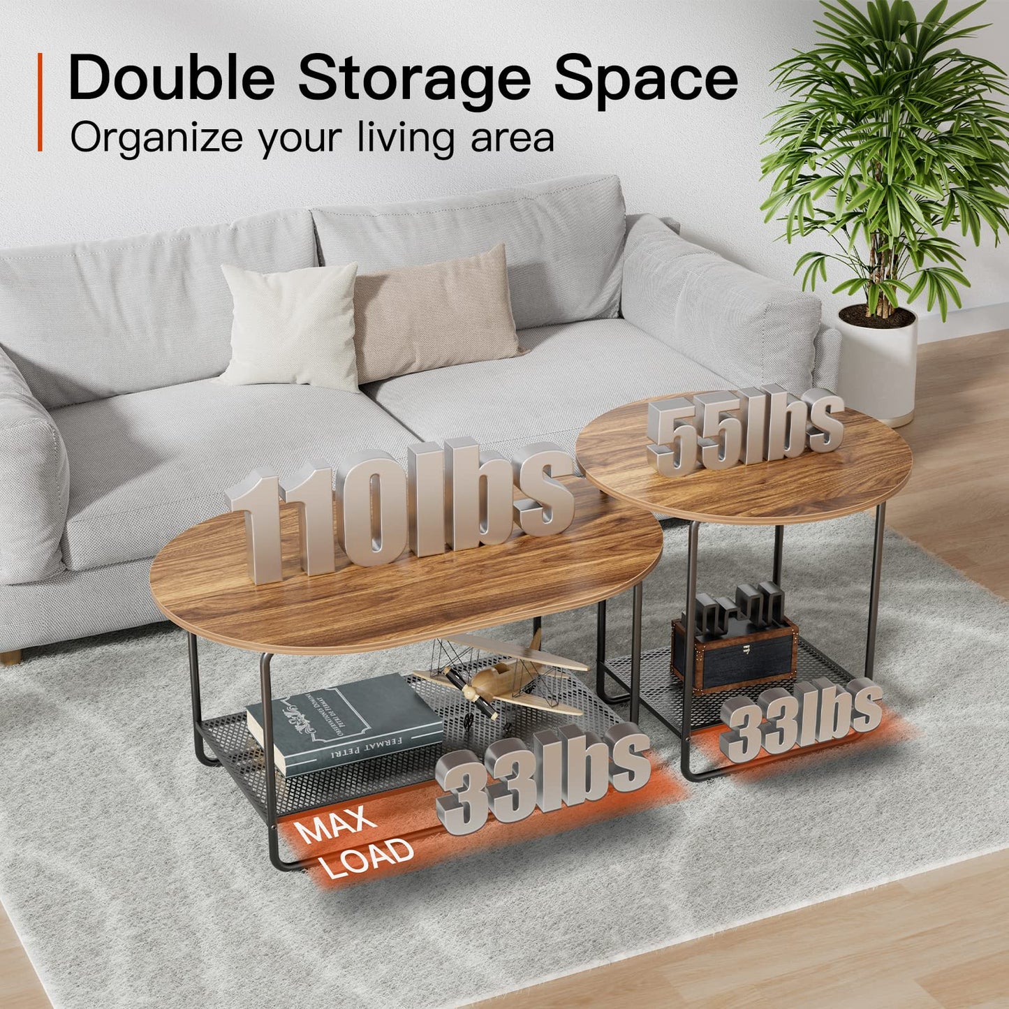 Coffee Table Set, 2-Tier Center Table with Open Shelf and Metal Frame, Modern Round Coffee Table for Living Room, Set of 2