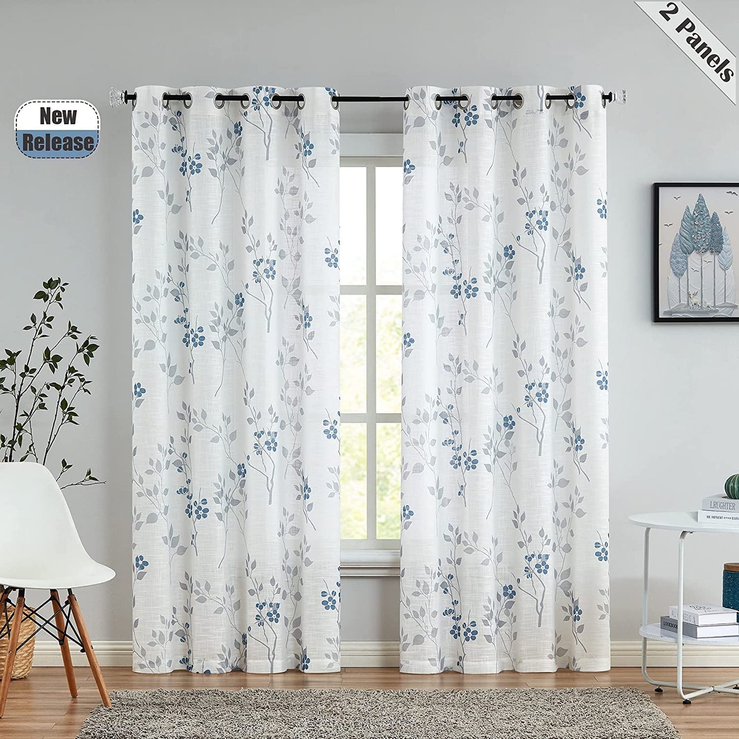 Rich Natural Linen curtains - Printed floral curtains- Semi-transparent - Steel grommets for living room, bedroom, kitchens, 1 piece