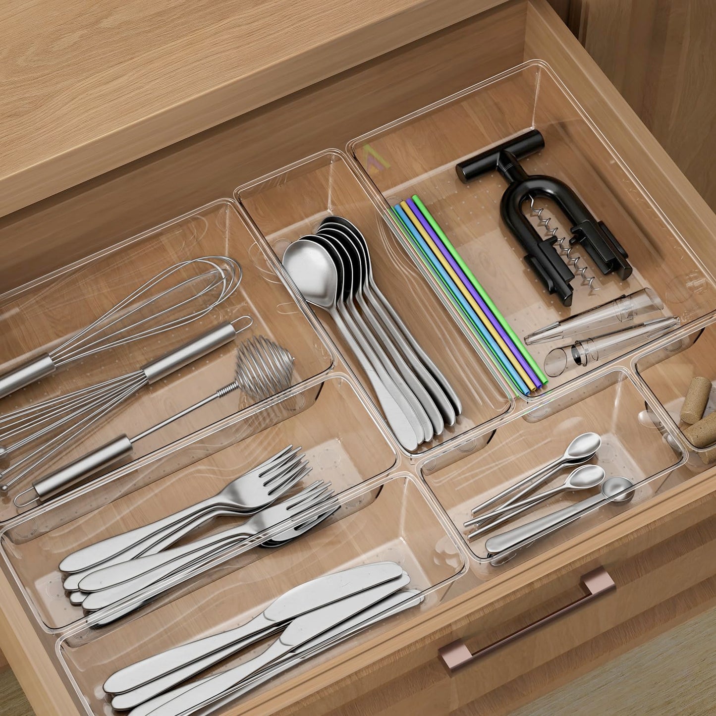 12 Piece Clear Drawer Organizer Set, 3 Sizes Bathroom Vanity Organizer Trays and Storage Bins for Makeup, Cosmetics, Jewelry, and Gadgets. Perfect for Office, Kitchen, Bedroom, Bathroom Use.