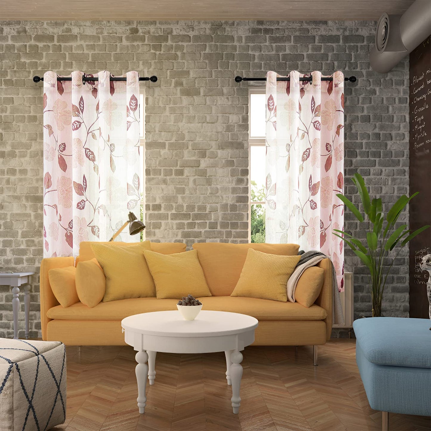 Rich Natural Linen curtains - Printed floral curtains- Semi-transparent - sliver steel grommets for living room, bedroom, kitchens - 1 Piece