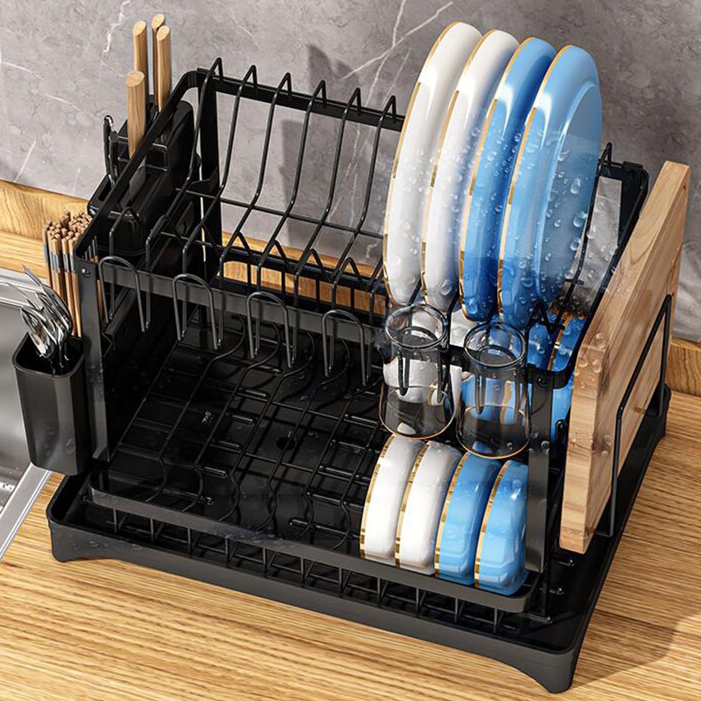 Dish Drying Rack,2 Tier Drying Rack Kitchen with Drainboard,Large Capacity Dish Drainer Organizer Shelf with Utensil Holder, Cup Rack for Kitchen Counter (Black)