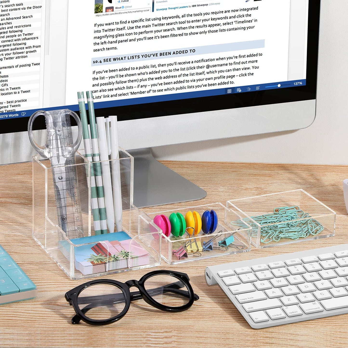 Clear Acrylic Desk Organizer with Adjustable Sticky Note Storage, 6-Compartment Office Desktop Caddy with Pen Holder and Accessory Bins for Modern Home and Office Stationary
