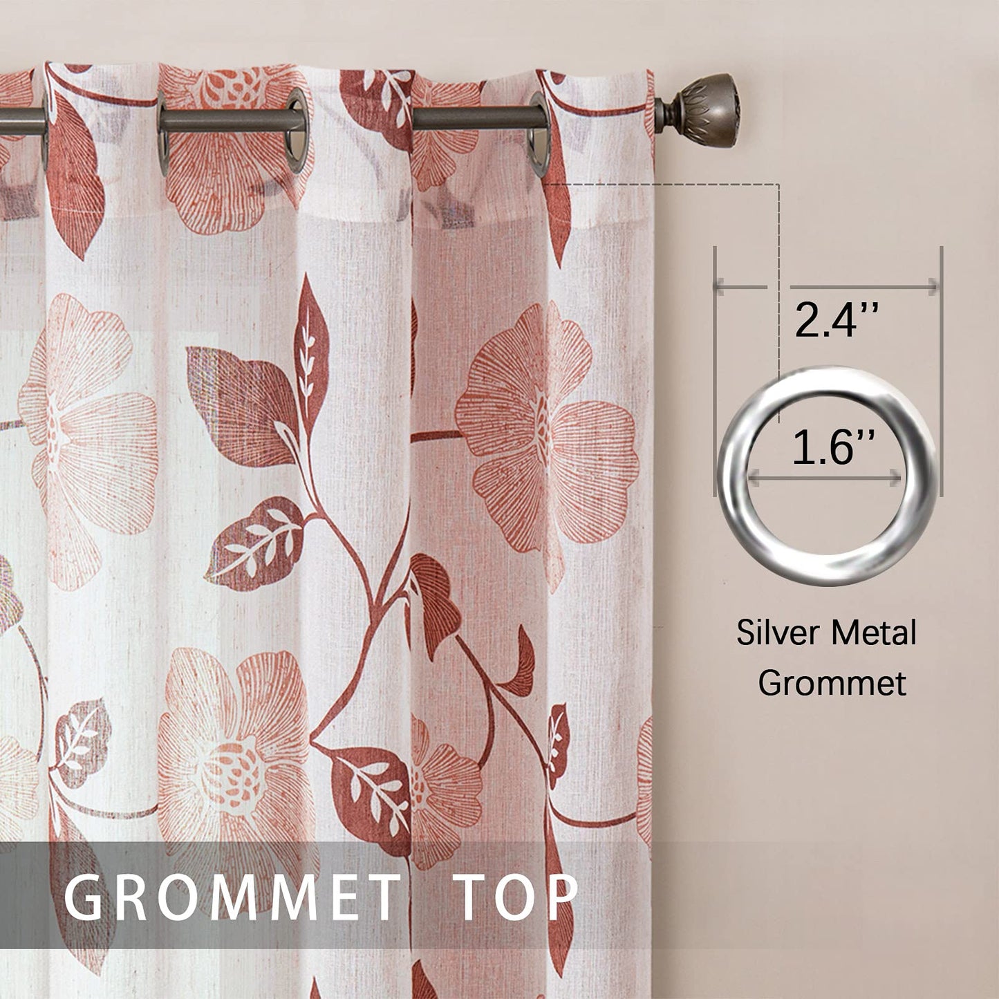 Rich Natural Linen curtains - Printed floral curtains- Semi-transparent - sliver steel grommets for living room, bedroom, kitchens - 1 Piece