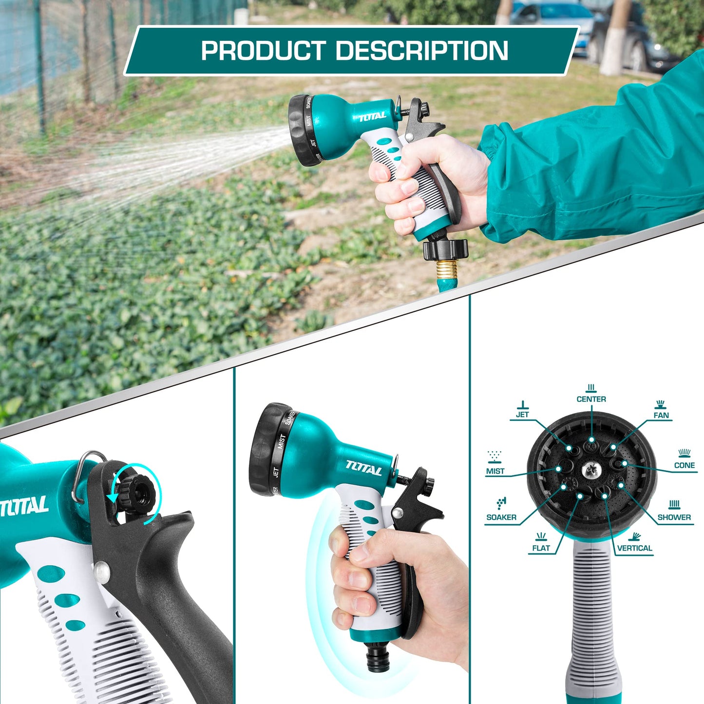 Total 9-Pattern Garden Hose Nozzle Spray Nozzle Water Spray Nozzle