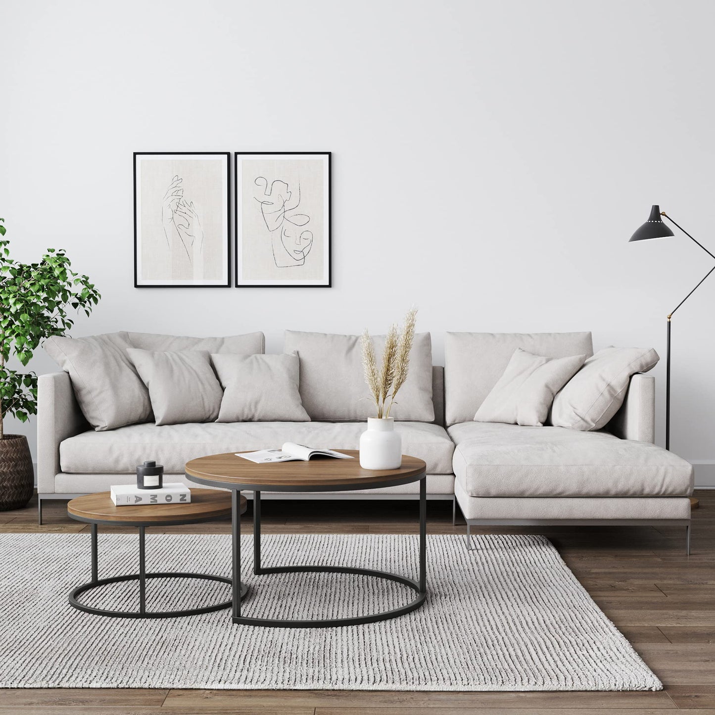 Modern Nesting Coffee Table Set of 2, Round Industrial Wood and Metal Accent Tables, 65x65x45 cm, Stackable Design for Living Room, Powder-Coated Steel Frame, Space-Saving Stylish Home Decor