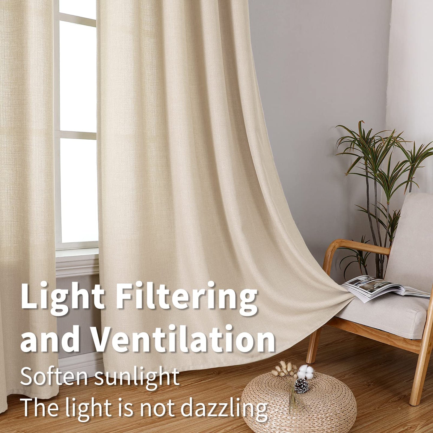 Natural Linen Curtains -Semi Transparent Sheer -Soft And Durable Fabric -For Living Rooms And Bedroom Steel Grommets -Two Pieces