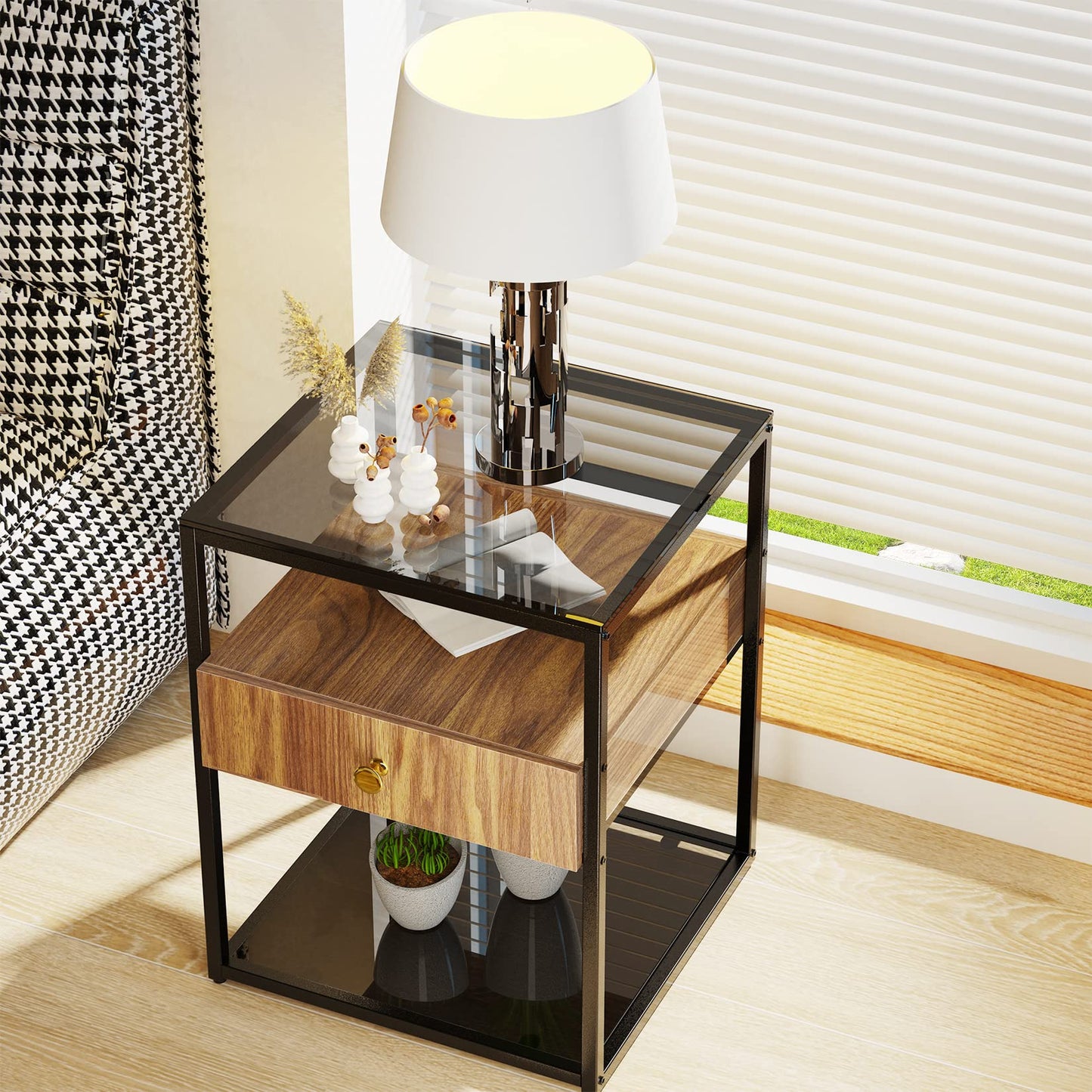 Bedside Table with Drawer: Tempered Glass Sofa Side Table Modern Nightstand with Wood Storage Shelf and Metal Black Frame Small Coffee Table for Living Room Bedroom