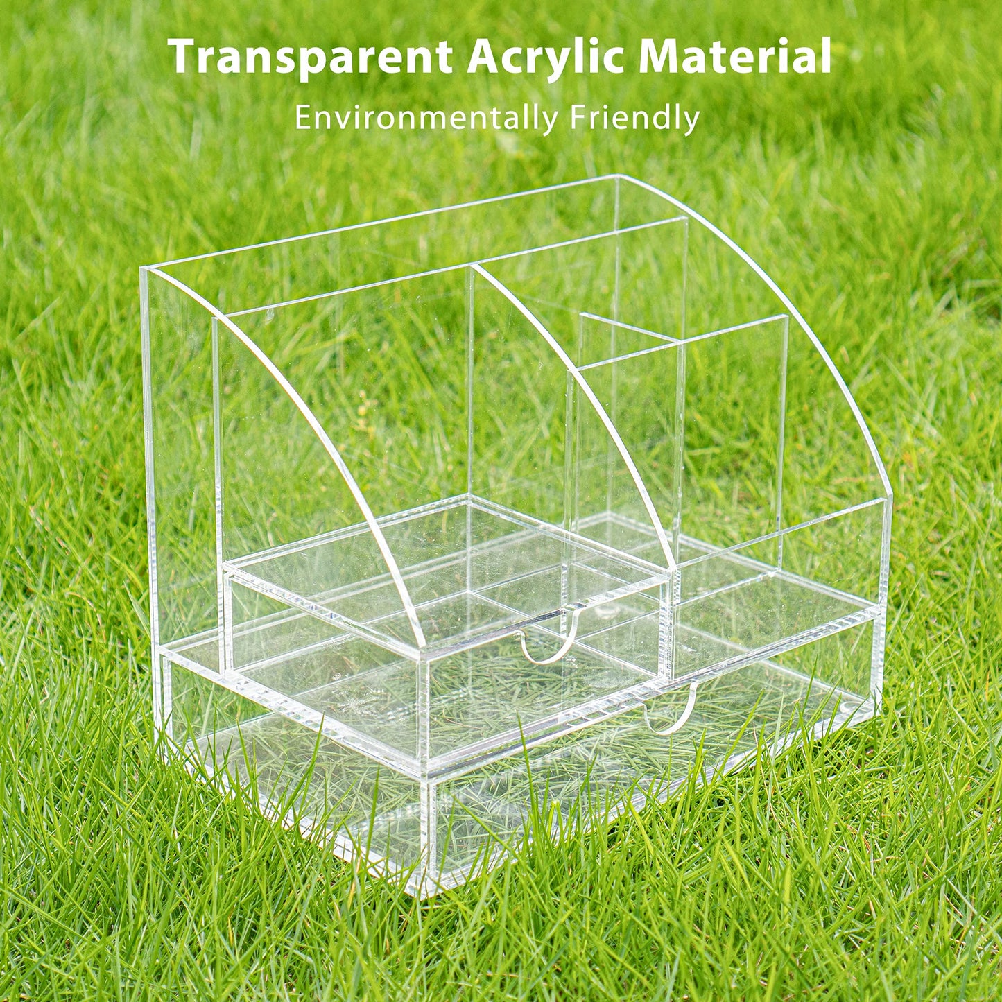 Clear Acrylic Desk Organizer with 2 Drawers, 5-Compartment Office Desktop Accessories and Stationery Caddy, Multi-Functional Pen Organizer for Home, School, and Dorm Room Use