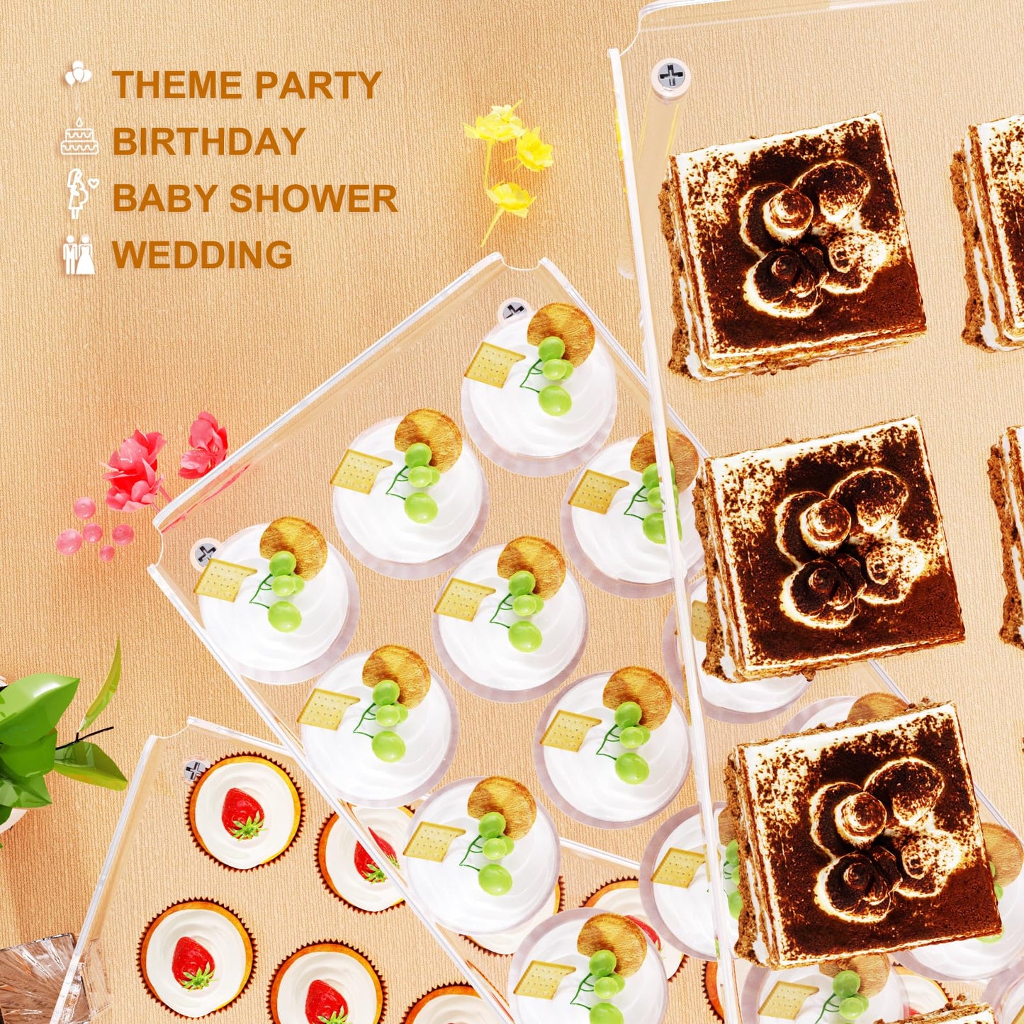 3-Tier Acrylic Cupcake Stand with LED Base, Clear Dessert Display Tray, 3mm Thick Shelves, Space-Saving Party Holder for Birthday, Wedding, or Events, Warm Yellow Light