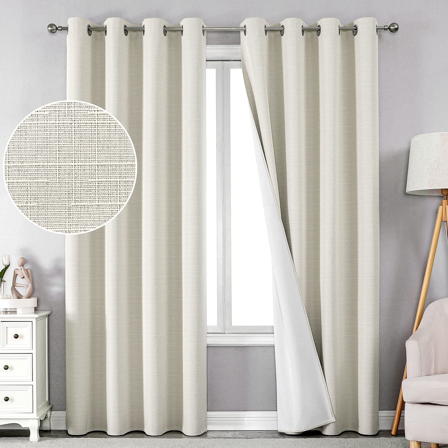 Linen 100% Blackout Curtains for Bedroom Living Room Thermal Insulated Fabric -Room Darkening -Steel Grommet Window Curtains -1 Piece