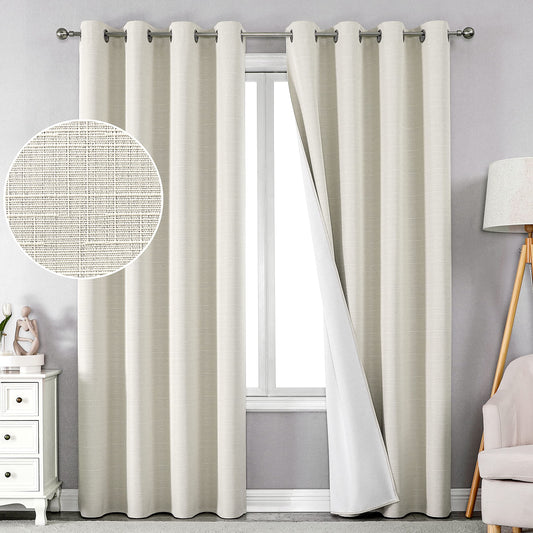 Linen 100% Blackout Curtains for Bedroom Living Room Thermal Insulated Fabric -Room Darkening -Steel Grommet Window Curtains -1 Piece