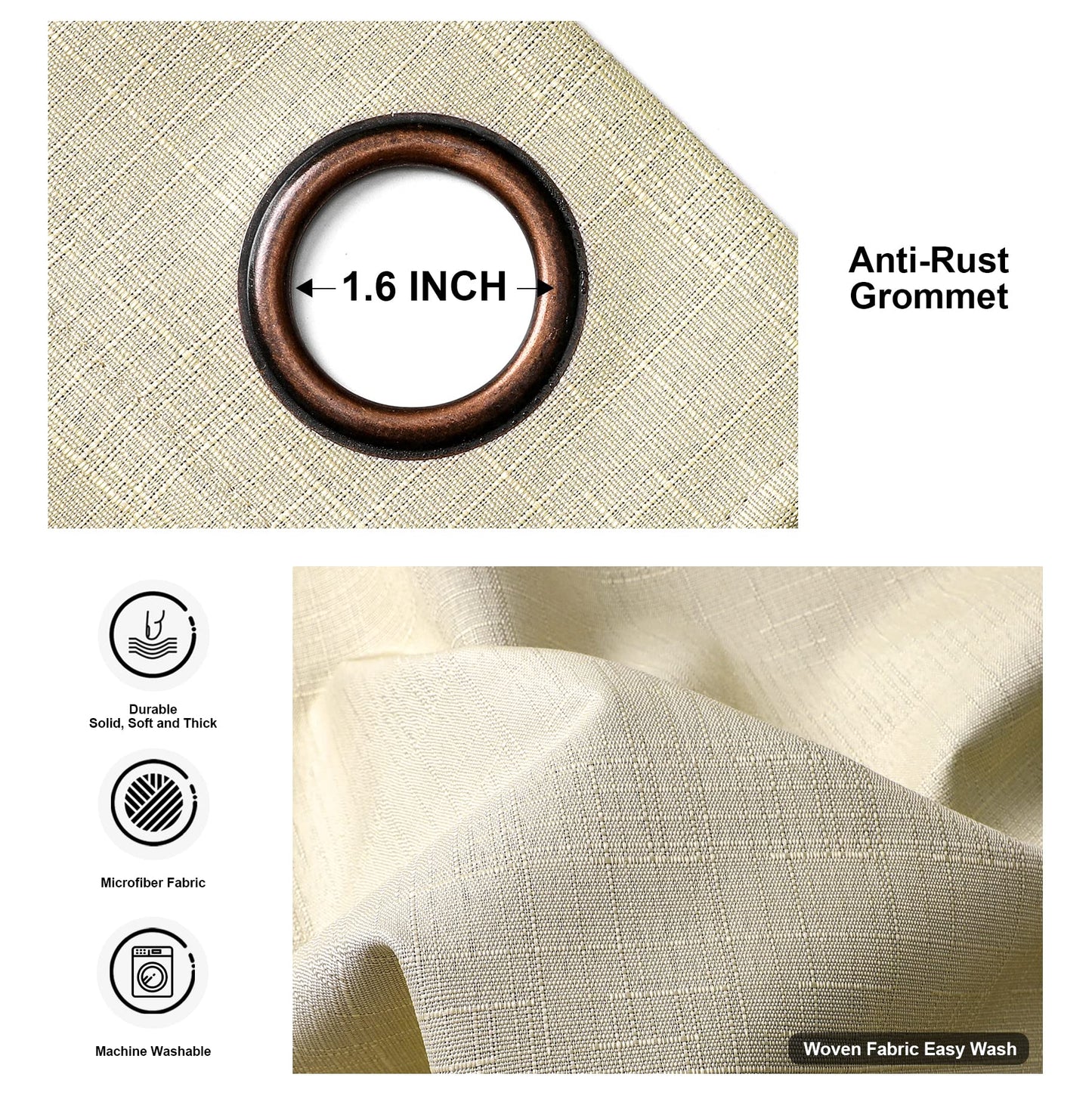 Linen 100% Blackout Curtains for Bedroom Living Room Thermal Insulated Fabric -Room Darkening -Steel Grommet Window Curtains -1 Piece