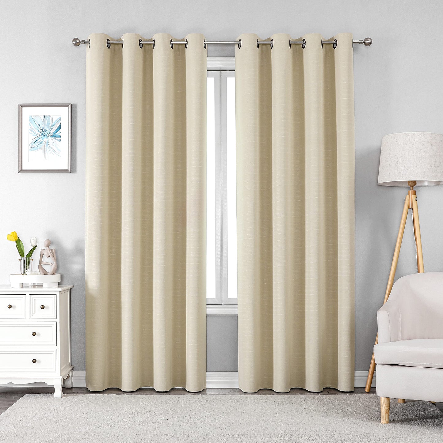 Linen 100% Blackout Curtains for Bedroom Living Room Thermal Insulated Fabric -Room Darkening -Steel Grommet Window Curtains -1 Piece