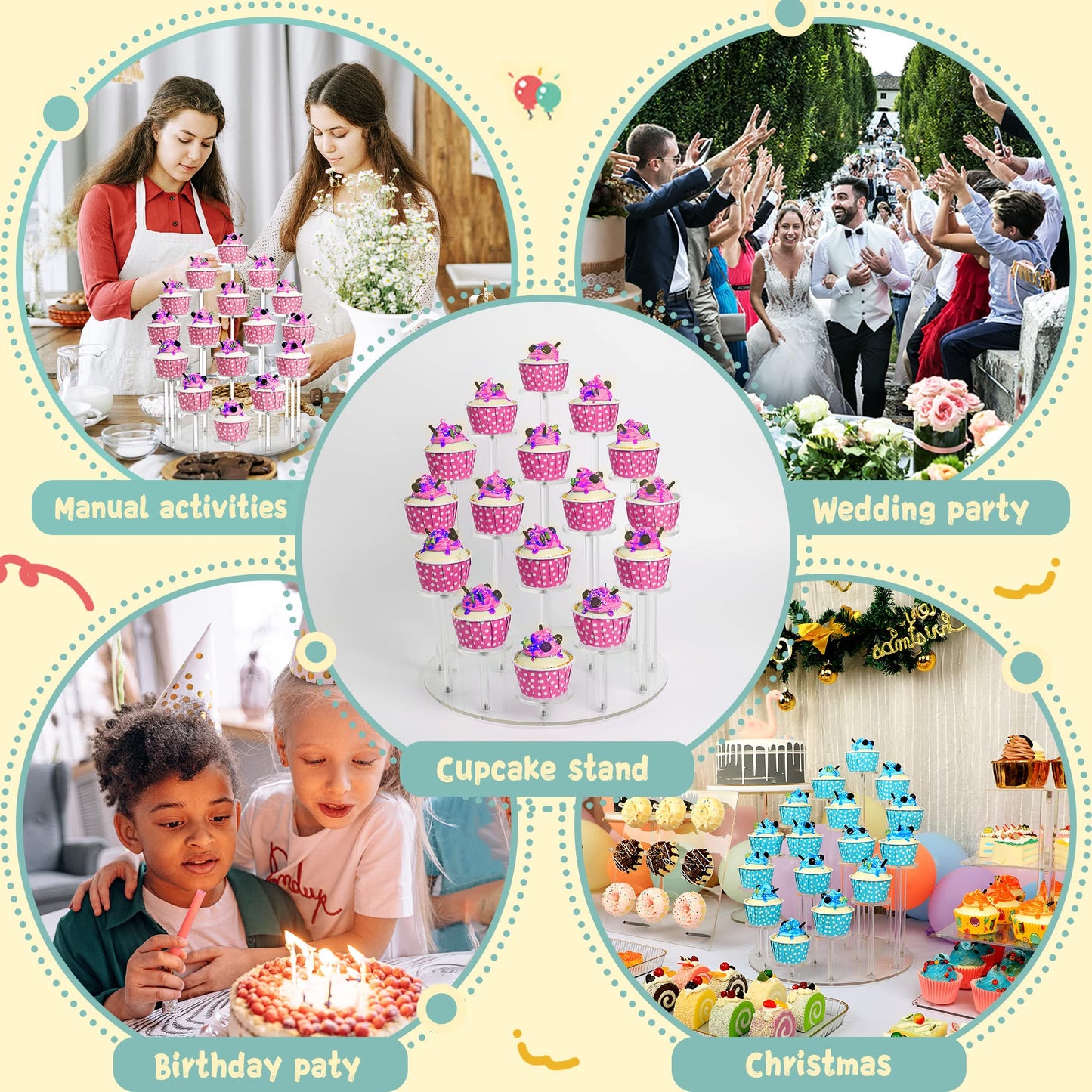 Acrylic Cupcake Display Stand, Holds 16 Cupcakes, Clear Round Dessert Holder 29.7 x 29.7 x 33cm, Tiered Pastry Serving Platter for Wedding Birthday Party Holiday Buffet