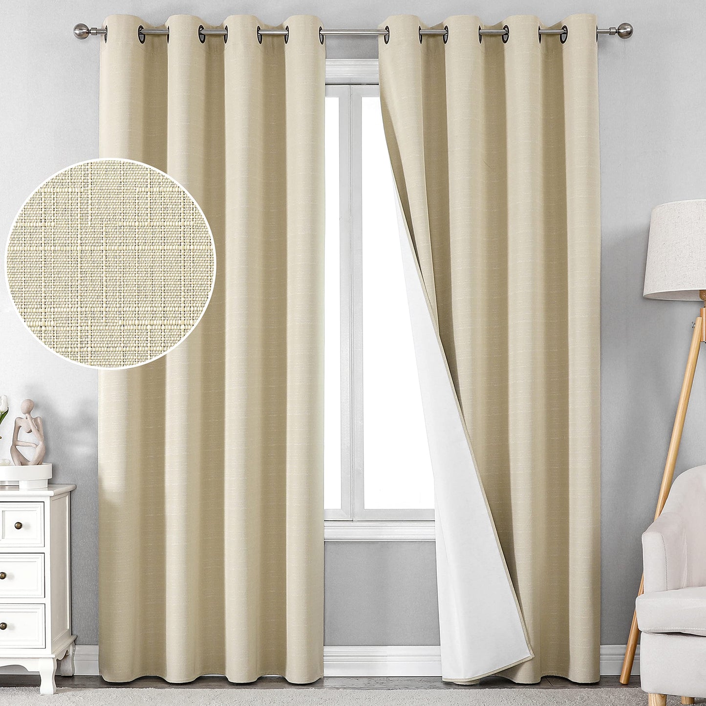 Linen 100% Blackout Curtains for Bedroom Living Room Thermal Insulated Fabric -Room Darkening -Steel Grommet Window Curtains -1 Piece
