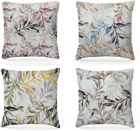 Printed Linen Velvet Cushion Covers, Throw Pillow Covers, Leaves Pattern Decorative Pillow Covers, Set of 4 Pieces Multicolor