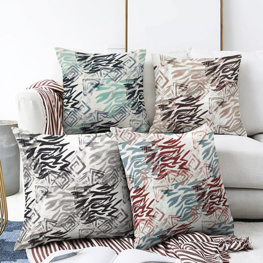 Printed Linen Velvet Cushion Covers, Throw Pillow Covers, Maria's Pattern Design, Decorative Pillow Covers, Set of 4 Pieces Multicolor
