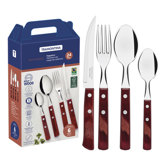 24-Piece Red Technobois Cutlery Set - Stainless Steel Blades with Technobois Handles - Elegant Dining and Kitchen Essentials for Home and Professional Use