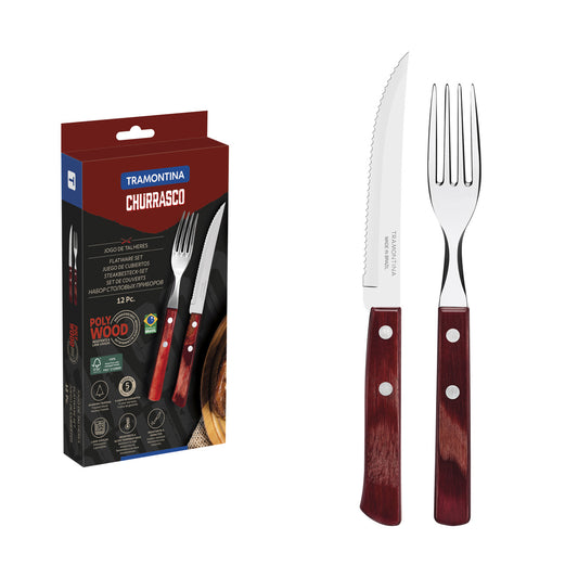 Steak Cutlery Set – 12 Pieces – Red Handles – Includes 6 Steak Knives & 6 Steak Forks – Riveted for Durability