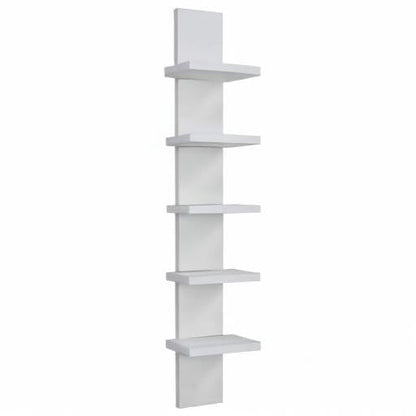 5-Tier Narrow Vertical Wall Unit, Tall Column Floating Storage Organizer and Utility Shelf for Bedroom or Living Room, Space-Saving Design in a White Laminate Finish