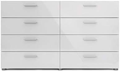 Modern Bedroom Double Drawer Unit, 8-Drawer Chest in White with Silver Handles, Manufactured Wood Dresser, Wide Storage Organizer for Bedroom or Living Room